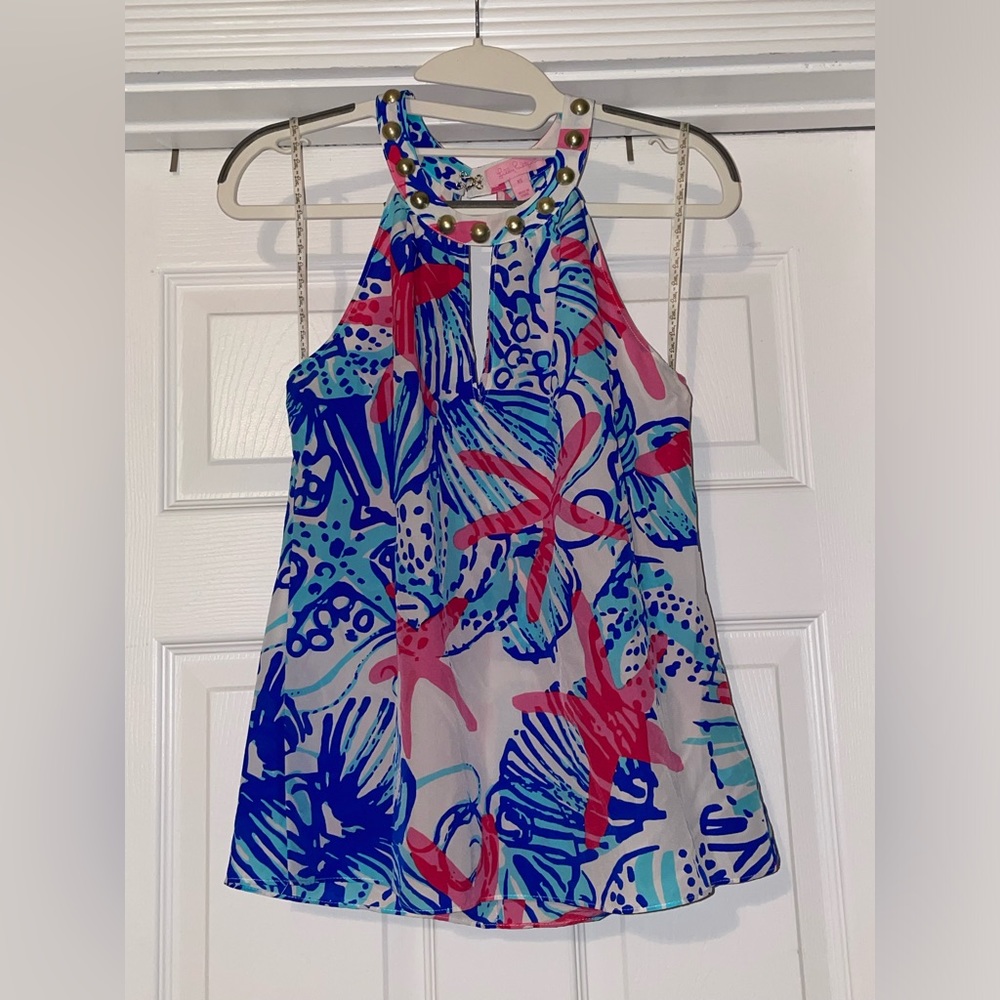 Lilly Pulitzer Rogan XS Resort White She She Shells Silk Top Starfish